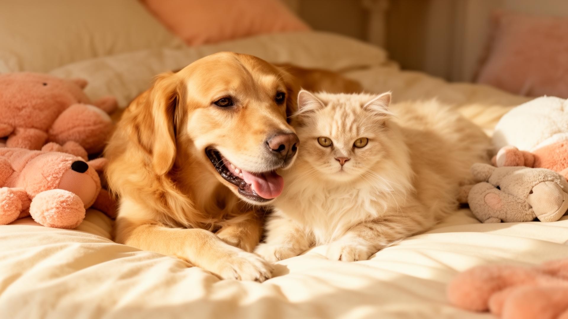 A golden retriever and a fluffy cream cat cuddling together on a cozy bed